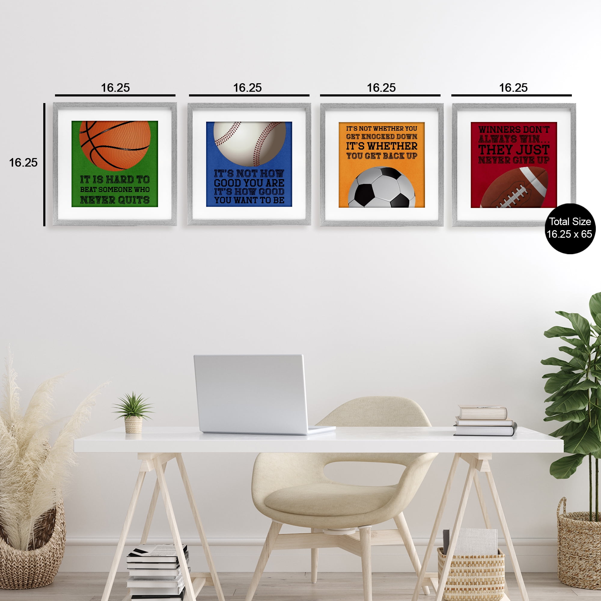 Motivational Sports Determination 4 Piece Gray Framed Print Under Glass Set, design by Marcus Prime