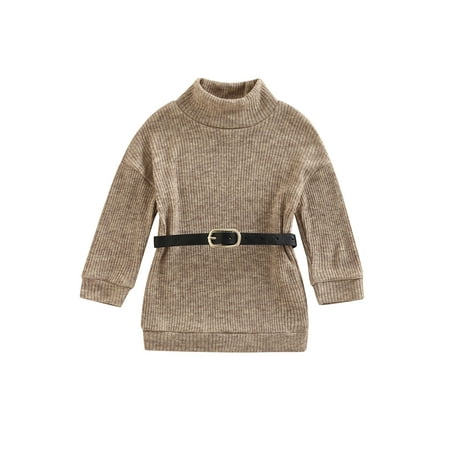 

Toddler Baby Girls Fall Sweater Solid Color Turtleneck Long Sleeve Belted Sweater Knitwear for Kids
