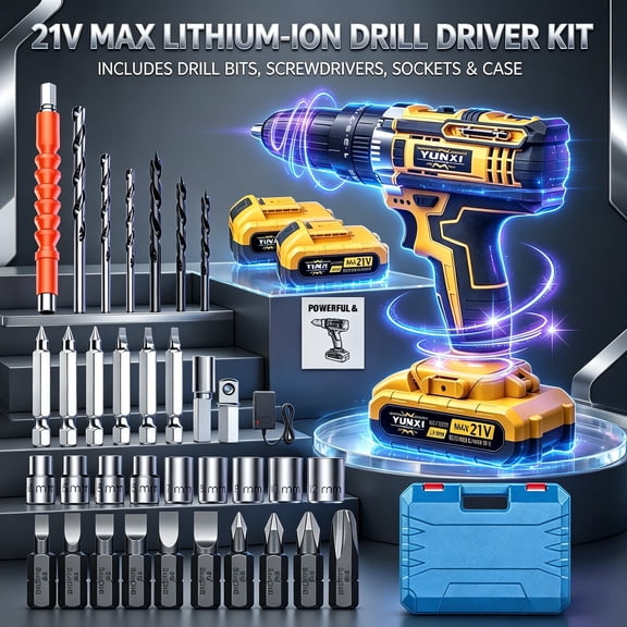 Cordless Drill Driver Set, 2 Speed High Power Drill Kit with Batteries Charger and Storage Bag