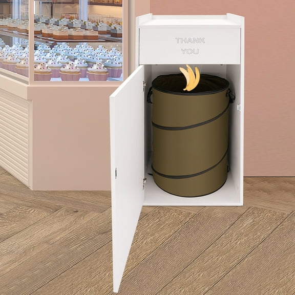 Wooden White Garbage Receptacle Trash Can with Tray Top, Door, Large Trash Bin for Restaurants, Cafeteria, Kitchen, Office