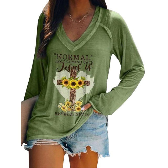 Easter Women's Leopard Cross Sunflower Letter Print Top