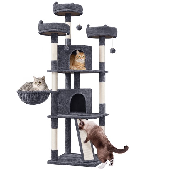 Yaheetech 76' 'H Multilevel Large Cat Tree Scratching Post Tower with Condos & Basket Dark Gray
