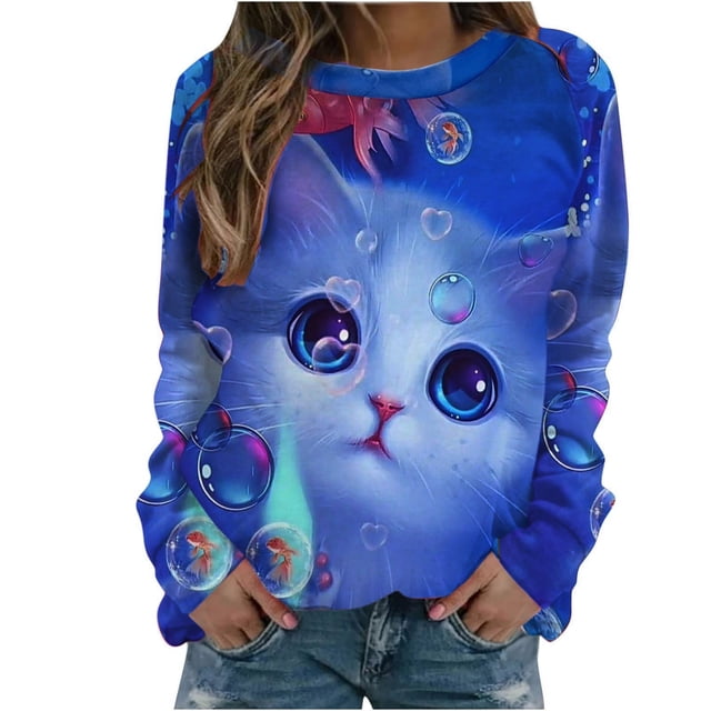 Pntutb - Camiseta estampada para mujer, blusa de manga larga, cuello redondo, tops casuales, sudadera Pntutb Pntutb-3277