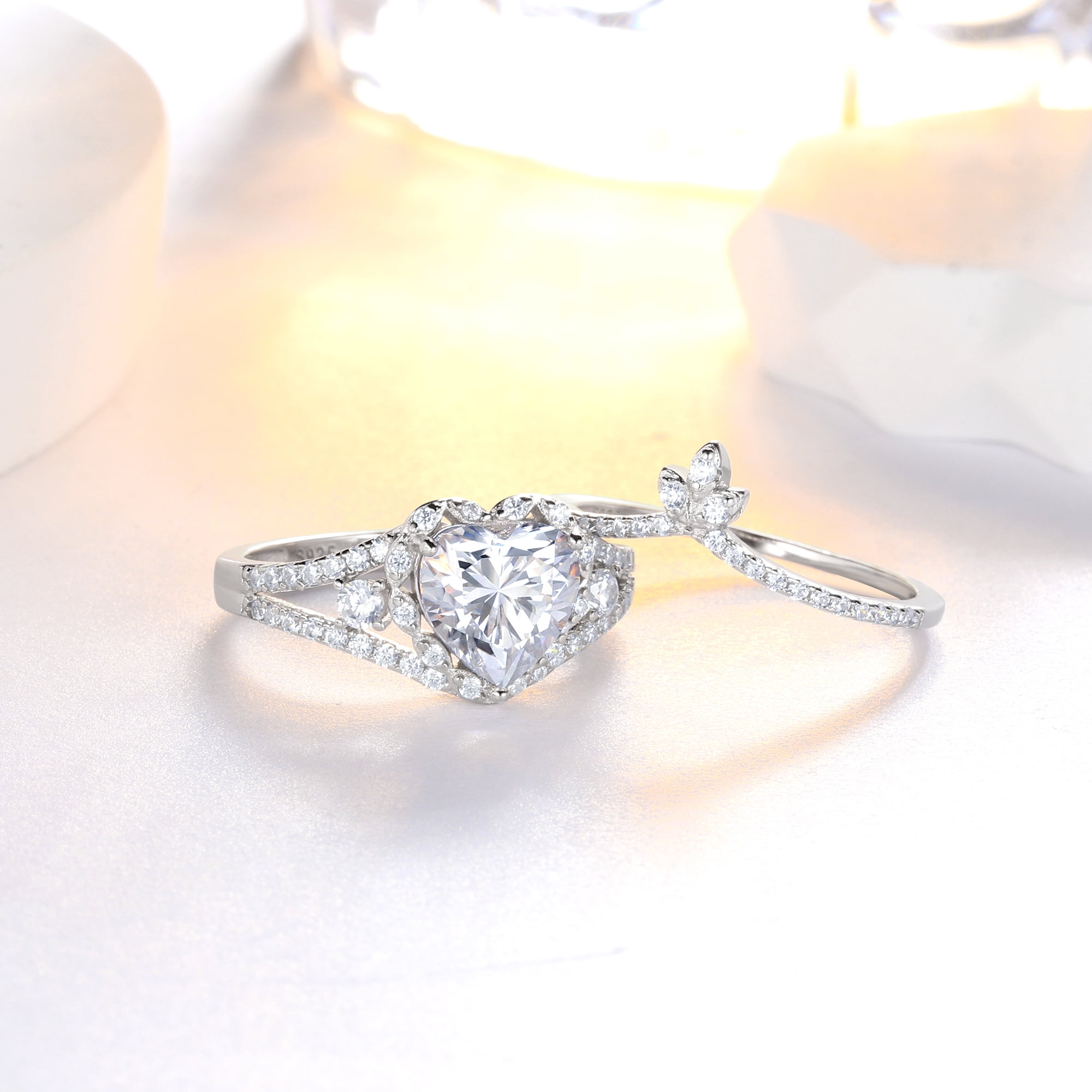 Beautlace Heart Engagement Rings Set for Women,Moissanite 2 CT Promise Ring Wedding Band for Her,925 Sterling Silver Love Heart Bridal Ring Set Birthday Valentines Jewelry Gifts for Girlfriend Wife