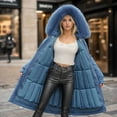 thumbnail image 4 of Jinhomg Womens Trendy Long Down Coat Plus Size Comfy Faux Fur Hooded Puffer Jacket Heavyweight Warm Double Closure Drawstring Waist Outerwear with Pockets Clearance Items for Women Blue L, 4 of 7
