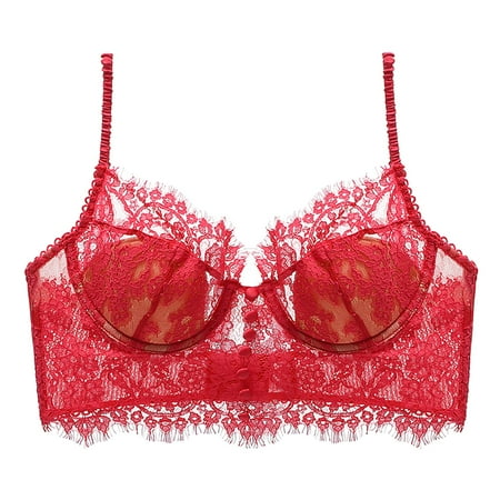 Tao Floral Eyelash Lace Bra For Women Padded Plunge Deep V Cami Tops Backless Bra Plus Size Everyday Bra T-Shirt Bra RedM
