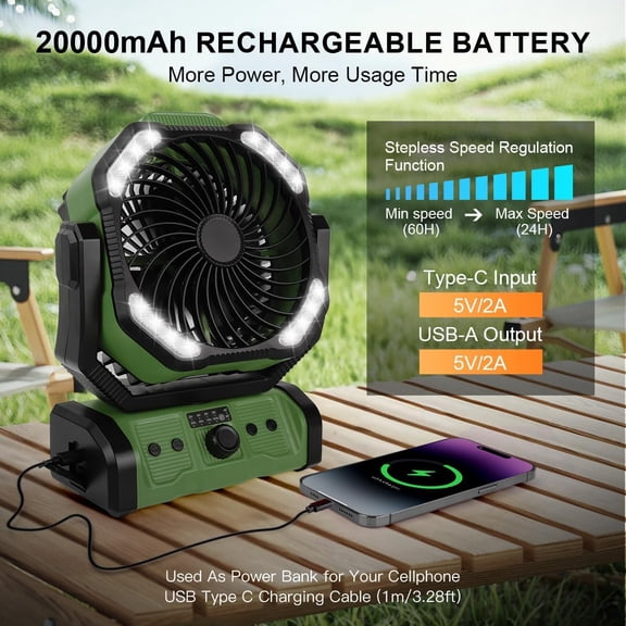 20000mAh Camping Fan with LED Light, Portable Rechargeable Desk/Tent/USB Fan with Remote & Hook, 270 ° Head Rotation, Stepless Speed, Sleep Mode for Home Outdoor Office Travel Fishing