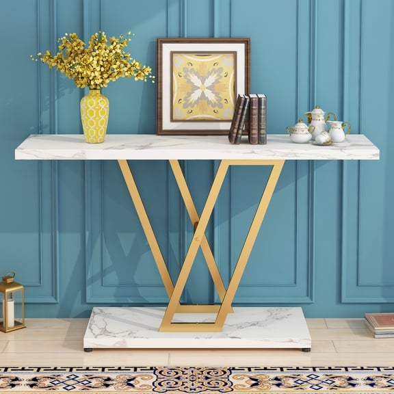 Oufan Console Table, Industrial Hallway Table for Entryway, 42 Inch Entryway Tables Narrow Sofa Table for Living Room, Stable Metal Frame & Easy Assemble,Gold