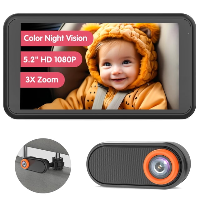 Luckview Cámara de Coche para Bebé, 5.2" 1080P Cámara de Coche de Bebé con Visión Nocturna, Cámara de Bebé de Coche Ajustable con Rotación de 360° con Cable, Vista Cristalina para Asiento Trasero Orie