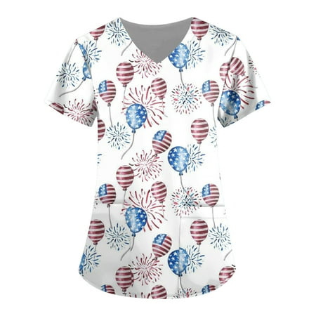 

Sksloeg Women s Scrub Tops Stretchy American Flag Print Patriotic Top V-Neck Workwear Short Sleeve T-Shirts with Pockets Nursing Working Uniform Sky Blue L
