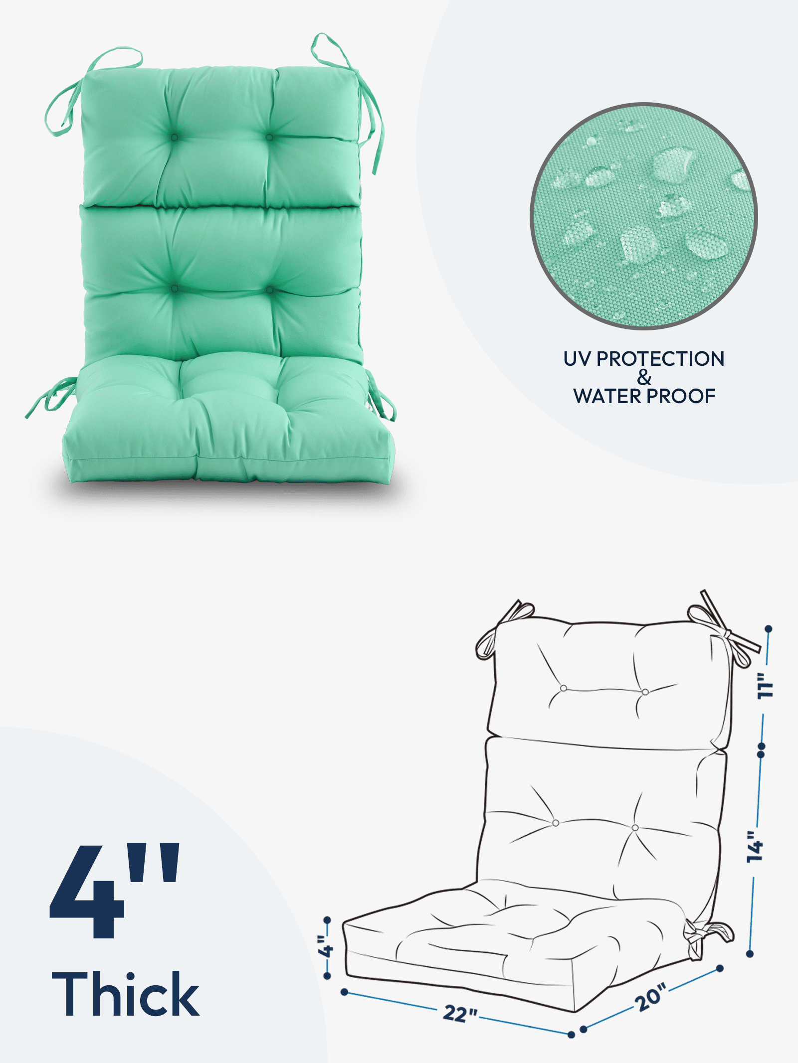 ZEOLABS Outdoor High Back Chair Cushions Set of 2,Waterproof Tufted Lawn Adirondack,Rocking Chair Seat Cushions with Ties for Patio Furniture, 45x28 Inch, Aqua Blue
