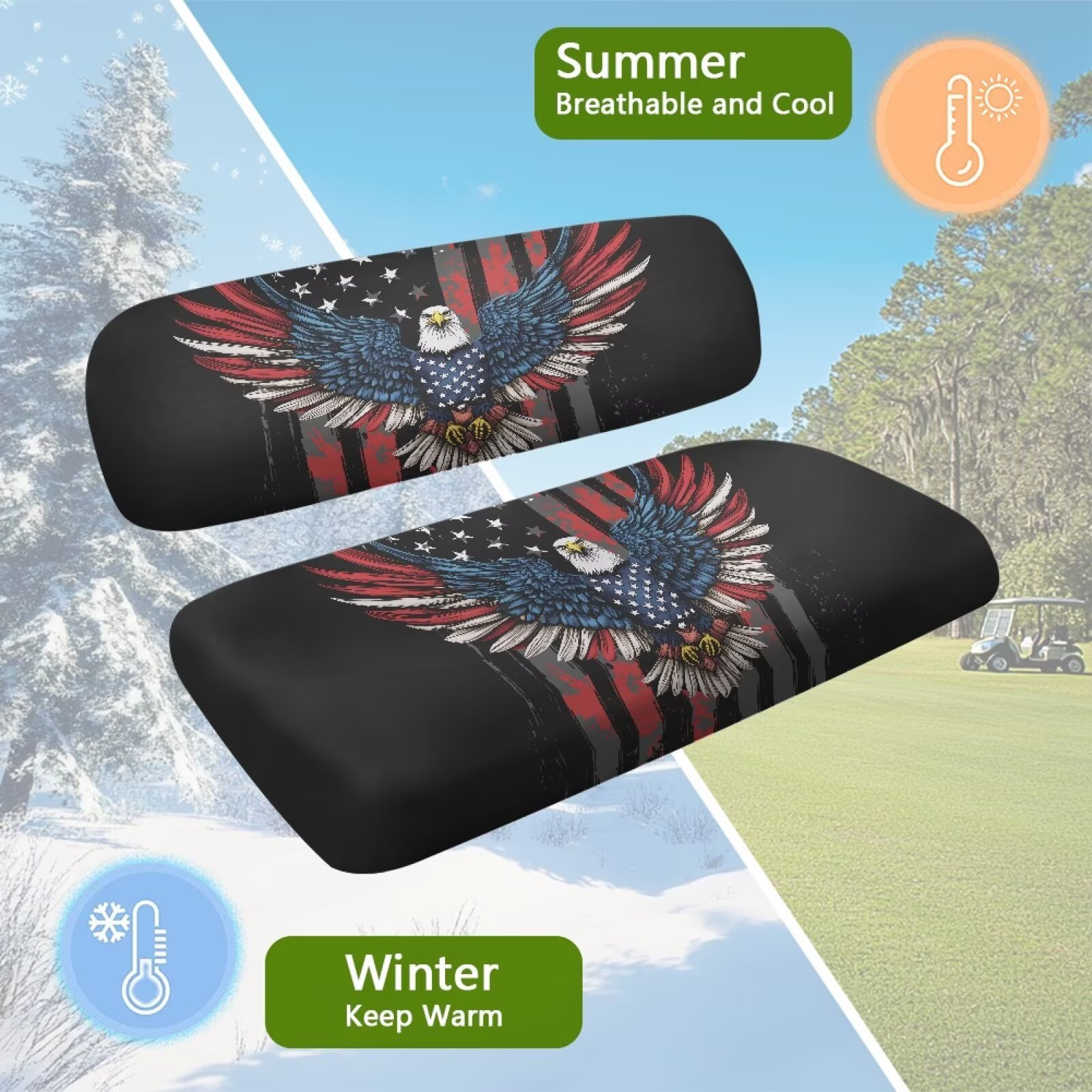Pzuqiu Eagle Print Golf Cart Seat Covers 2 Passenger Breathable Universal American Flag Golf Cart Seat Blanket Portable Easy Install and Clean Suitable for All Seasons