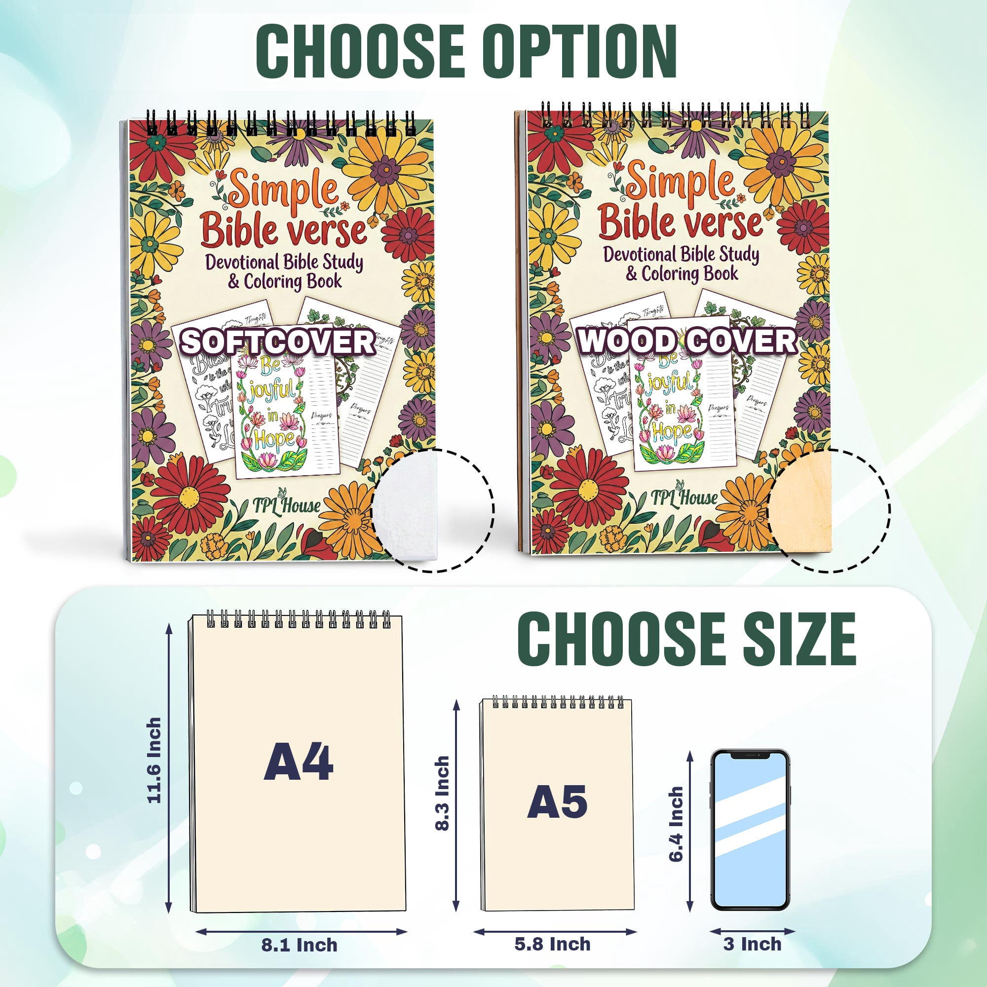 Simple Bible Verse Coloring Book for Adults, 30 Scripture Art Pages with Reflection & Prayer Space, Spiral Bound, A4 or A5 Softcover or Wood Cover