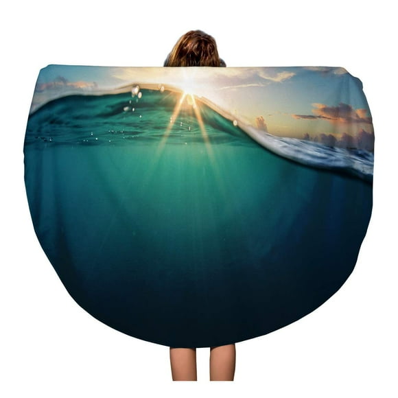 POGLIP 60 inch Round Beach Towel Blanket Abstract Ocean Underwater Part and Sunset Skylight Splitted Travel Circle Circular Towels Mat Tapestry Beach Throw