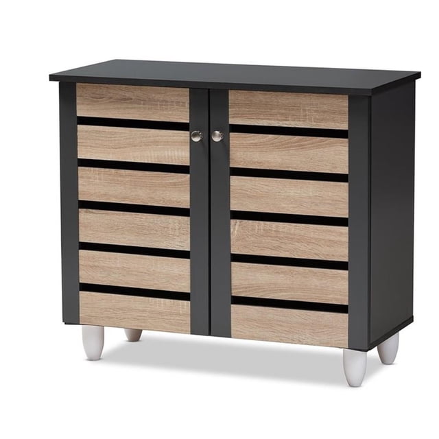 Baxton Studio Gisela Two-Tone Oak Wood 2-Door Shoe Cabinet in Dark Gray