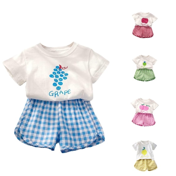 Playtopia Toddler Girls 2‑Piece Summer Set Fruit‑Print Short‑Sleeve Tee And Bubble Gingham Shorts Size 80‑130