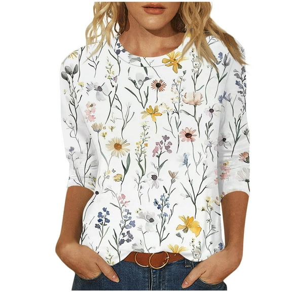 CYMMPU Summer Fashion Shirts 3/4 Sleeve Flower Printed Loose Fit Blouses for Women Dressy Casual Round Neck Tunic Tops Spring Tops Lightweight Basic T-Shirts White XL