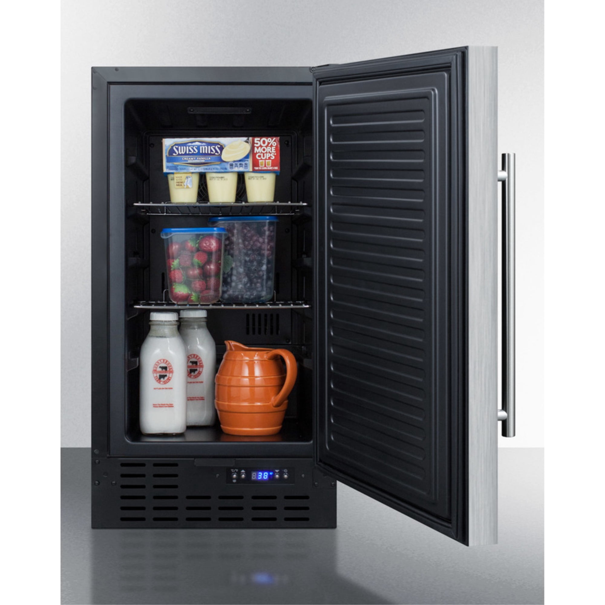 18 Inches wide built-in undercounter all-refrigerator with a stainless steel door, black cabinet, digital thermostat and front lock