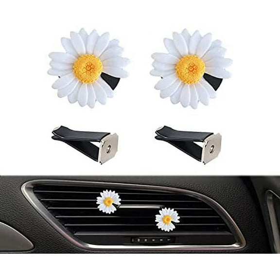 Daisy Flowers Car Clip,2 Pcs Daisy Flowers Car Air Vent Clip Charms,Car Decorations Gift Automotive Interior Trim for Women,White, 1.18in*1.69in