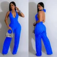 thumbnail image 5 of Mono de una pieza con escote en V profundo y espalda descubierta para mujer, sin mangas, con cordones, pantalones largos de pierna ancha, monos plisados sólidos, 5 of 5