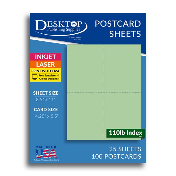 Blank Colored 4-up Postcard Paper by Desktop Publishing Supplies - 25 Sheets / 100 Postcards Pack - Printable with Laser or Inkjet Printer - Plain Matte Cardstock (Plain Green)