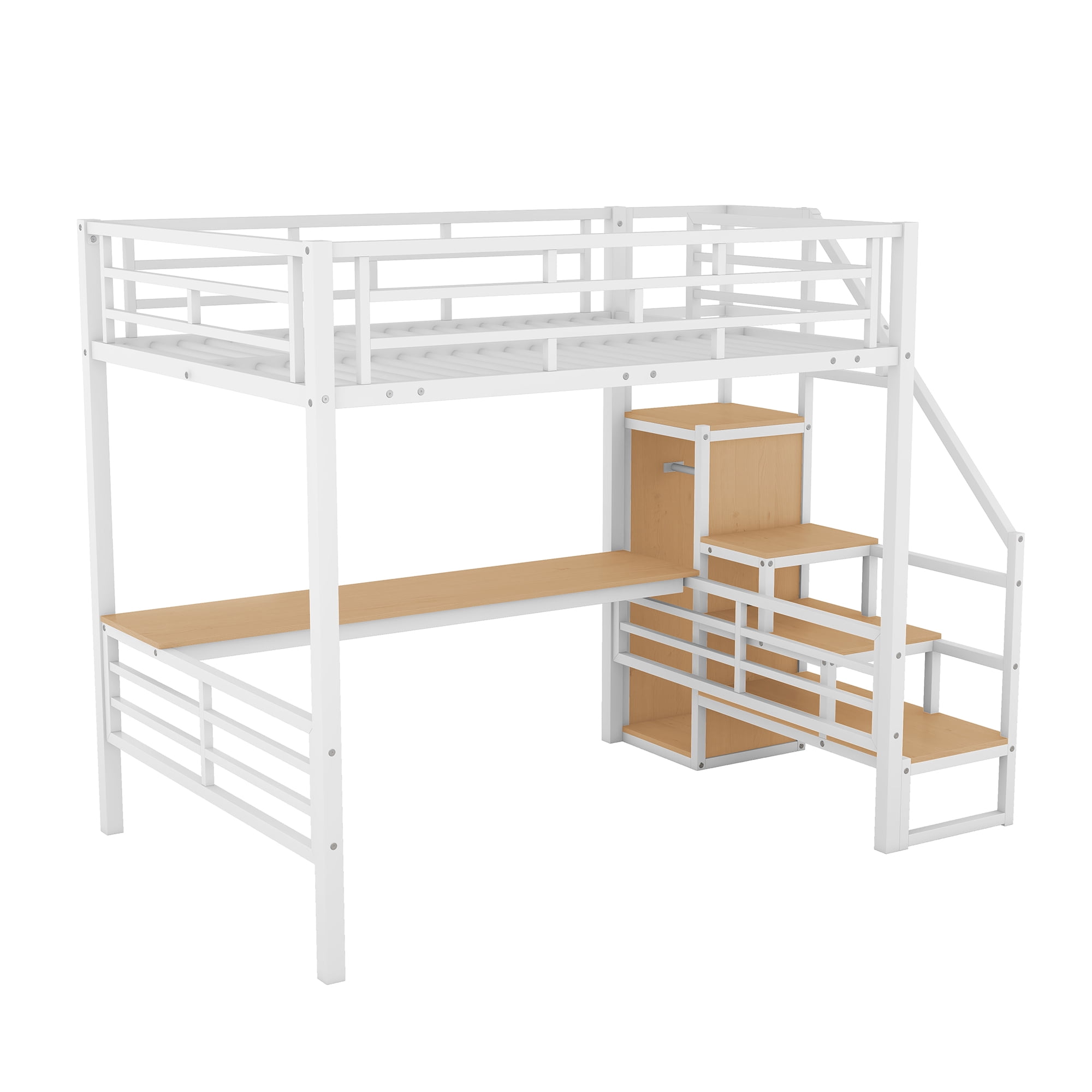 Aukfa Full Size Metal Loft Bed with Desk and Wardrobe, Staircase Loft Bed for Kids Teens - White