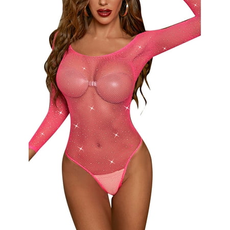 

Gvmfive Women Sexy Fishnet Net Lingerie Long Sleeve Babydoll Bodysuit Sleepwear