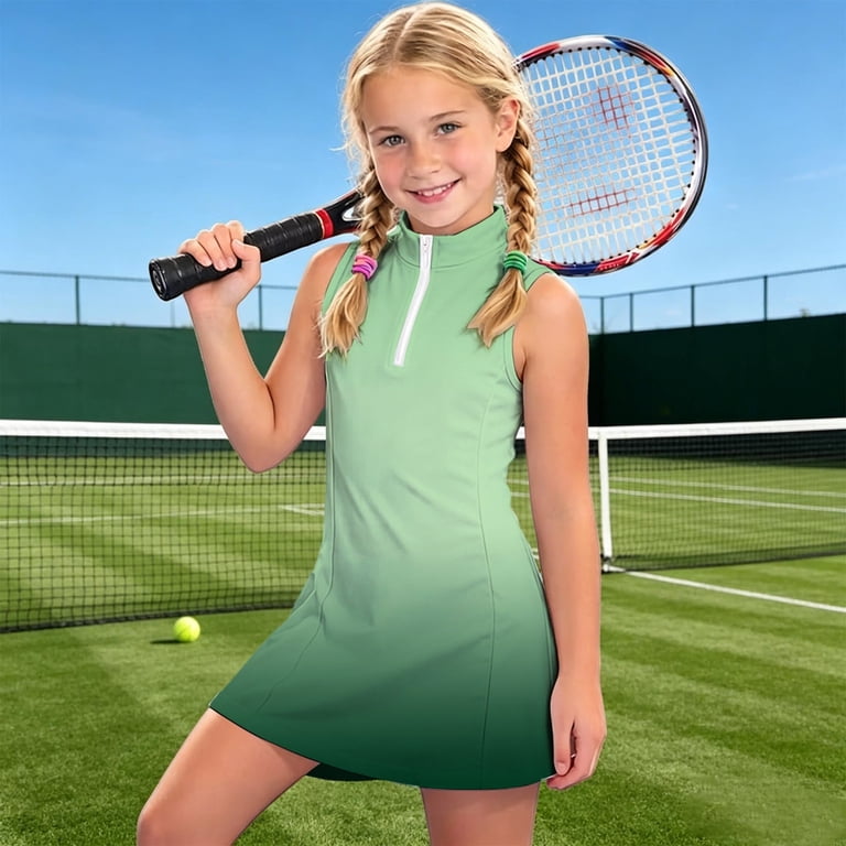 FUZHIQ Girls Tennis Dress 1/4 Zip Golf Outfit Kids Sleeveless School Athletic Pickleball Dress with Pockets,12-13 Years