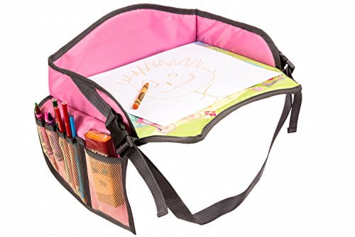 Small Kids Snack and Play Tray for Car Bus Train and Plane Journeys Pink Childrens Travel Tray By Driving With Kids Works on Buggy and Pushchair