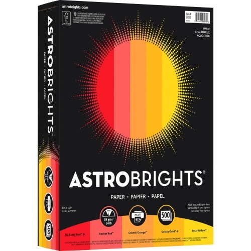 Astrobrights Inkjet, Laser Colored Paper Letter - 8 1/2' x 11' - 24 lb Basis Weight - 500 / Ream - Rocket Red, Re-entry Red, Cosmic Orange, Galaxy Gold, Solar Yellow