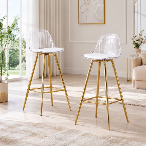 TesNus Bar Stool, 38" White PU Leather Seat with Gold Metal Legs for Kitchen