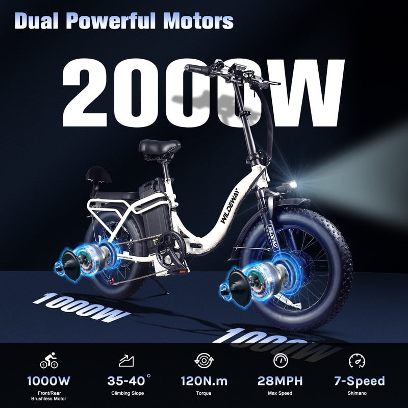 WILDEWAY SummitX Folding Dual Motor Electric Bike for Adults 20"x4.0" Fat Tire, 2000W E-Mountain Bike 48V 60AH UL2849 Removable Battery, 100＋ Miles Long Range & 28MPH Off-road Hydraulic Disc Brake Eb