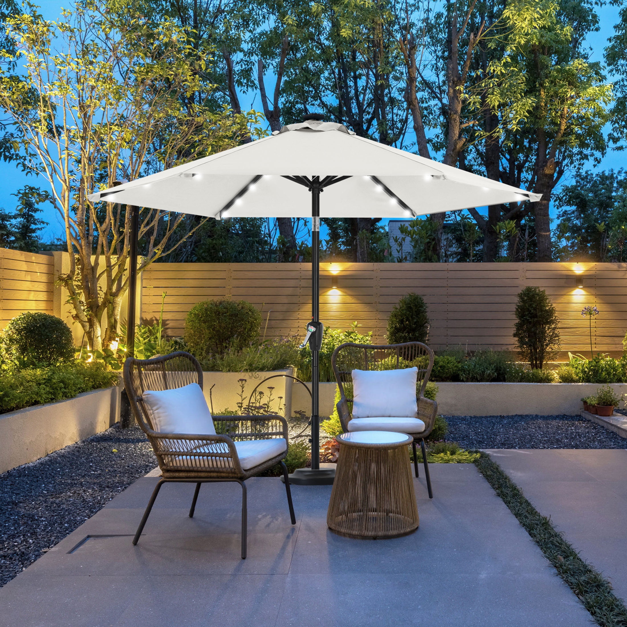 MASTERCANOPY 7.5ft Solar Patio Umbrella with LED Lights Tilt and Crank, Light Beige