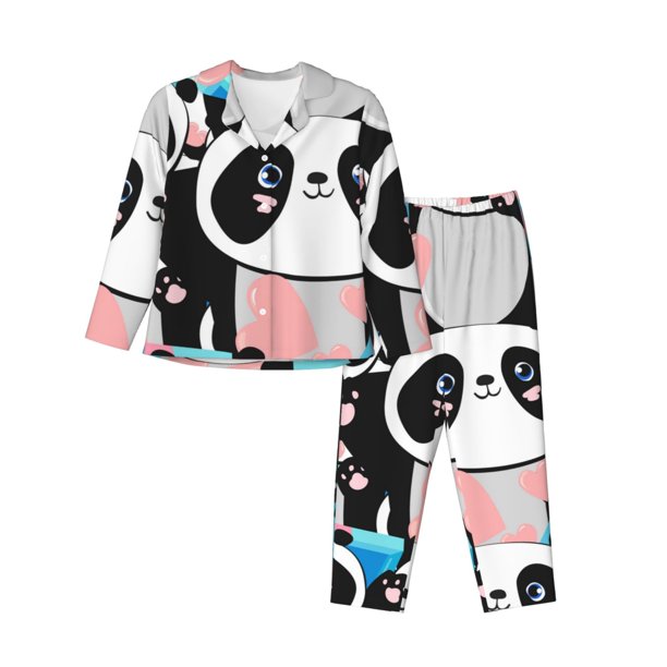 Balery Panda Cute Pink Hearts Conjunto de Pijama con Estampado para Mujer, Conjunto de Dos Piezas con Manga Larga, Ropa de Dormir Suave con Bolsillos, Pijamas Cómodos-Small
