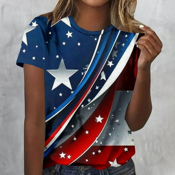 Cavosen Patriotic Clothes for Women Petite Red White and Blue Short Sleeve Crewneck T Shirts USA Star Striped Graphic Tops Lady XL Patriotic Casual T Shirts Independence Day Tunic Tees