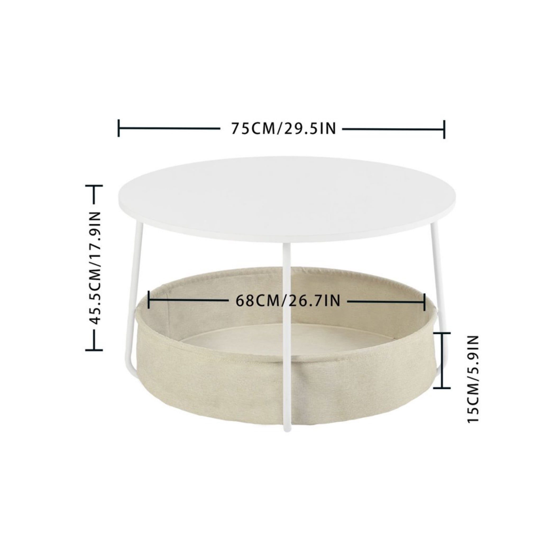 BSHTI 30" Round Coffee Table with Fabric Storage Basket – Space-Saving End Table for Living Room, Bedside Nightstand, Matte White & Beige