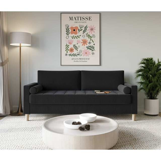 HMD Astoria Linen Square Arm 3-Seater Sofa With 2 Throw Pillow, Black