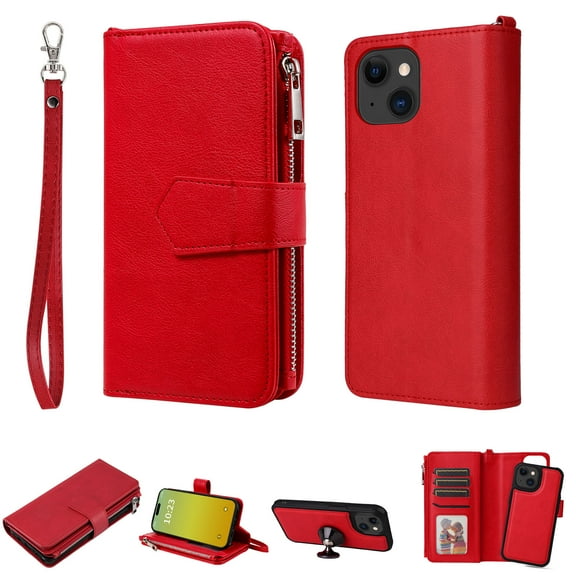 Allytech Detachable Wallet Case for Apple iPhone 15 Plus, Vintage PU Leather Folio Flip Wallet Case Multiple Cards Slots Kickstand Shockproof Protective Phone Case for iPhone 15 Plus - Red