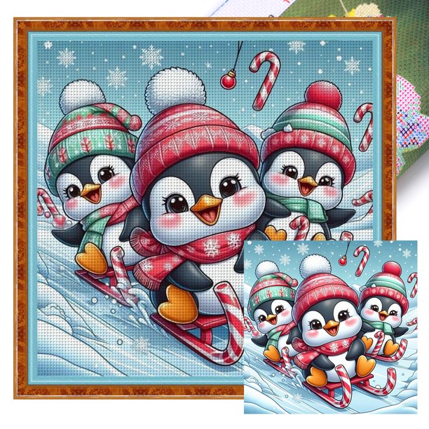 Hilo Algodón Ecológico Bordado Punto Cruz Pingüinos Esquí Con 11CT 50x50cm