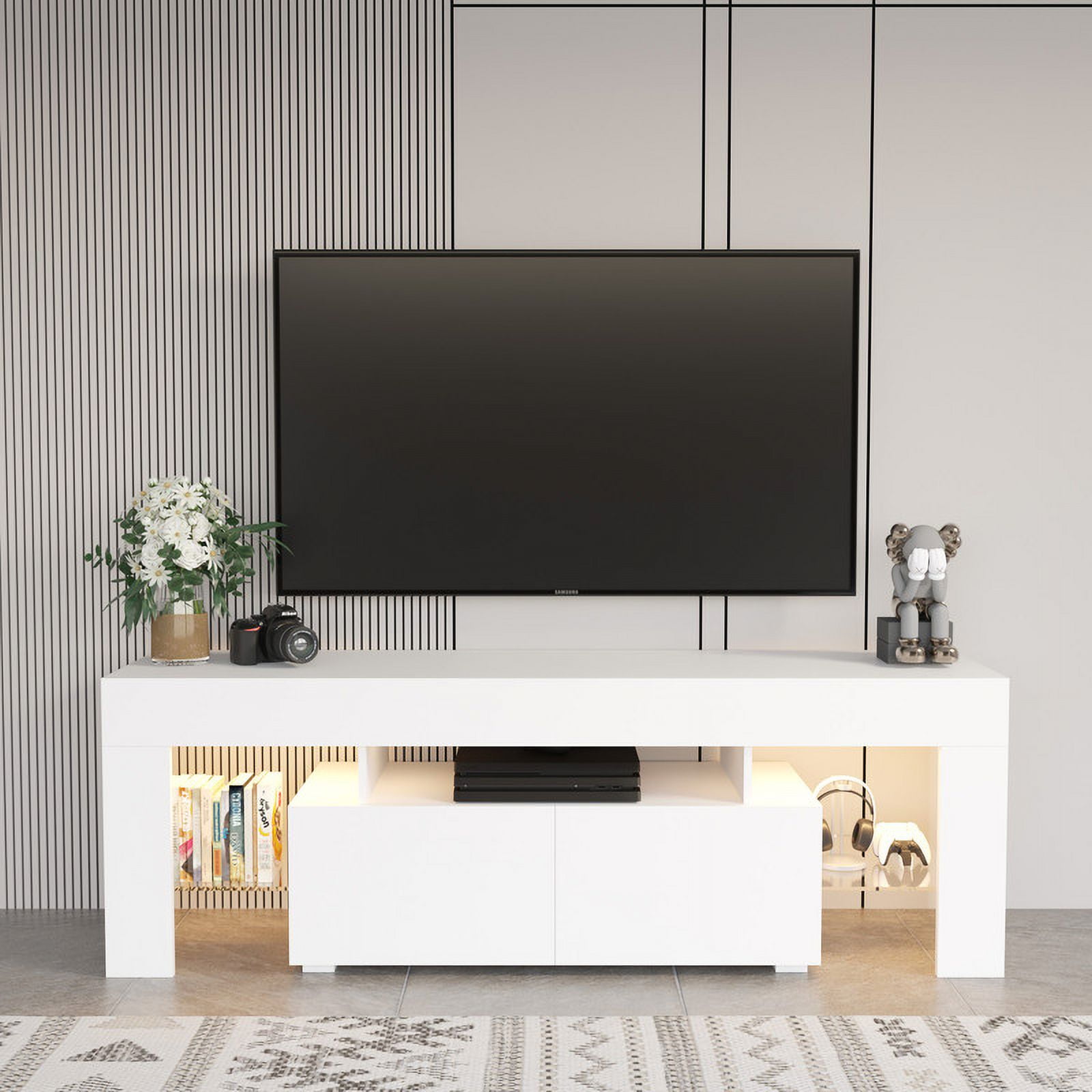 Homall 63'' TV Stand for TVs up to 70'', TV Stand with Remote LED Lights, White Modern Entertainment Center with Soft-Close Drawers & Adjustable Shelves for Living Room, White