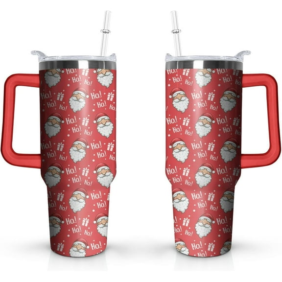 Christmas Red Santa Claus Gifts for Women Men, Xmas Ho Stainless Steel Insulated Travel Coffee Cup, 40 Oz Tumbler with Handle and Straw, Winter Holiday Water Bottle