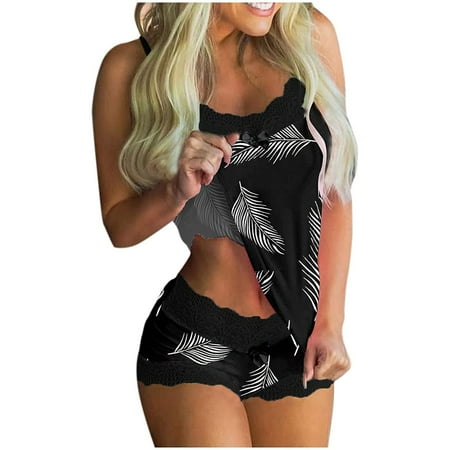 

STEADY Women Print Pajamas Sleeveless Lace Cami Shorts Lingerie Sleepwear Set S - Black