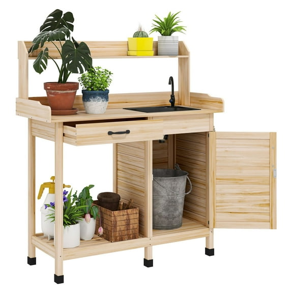 Potting Bench with Sink & Storage, Outdoor Garden Work Table, Natural Wood Greenhouse Workbench, Patio Plant Table with Cabinet & Hooks