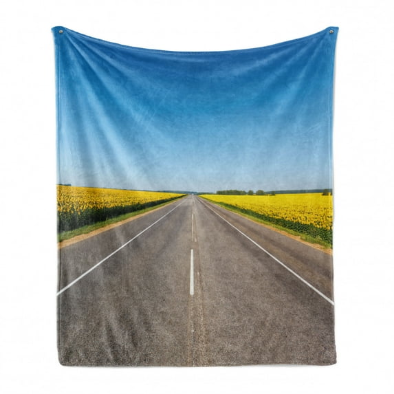 Yellow and Blue Soft Flannel Fleece Throw Blanket, Roadme Highway with Sunflower Field Backdrop Nature Panorama, Cozy Plush for Indoor and Outdoor Use, 50" x 70", Grey Sky Blue, by Ambesonne