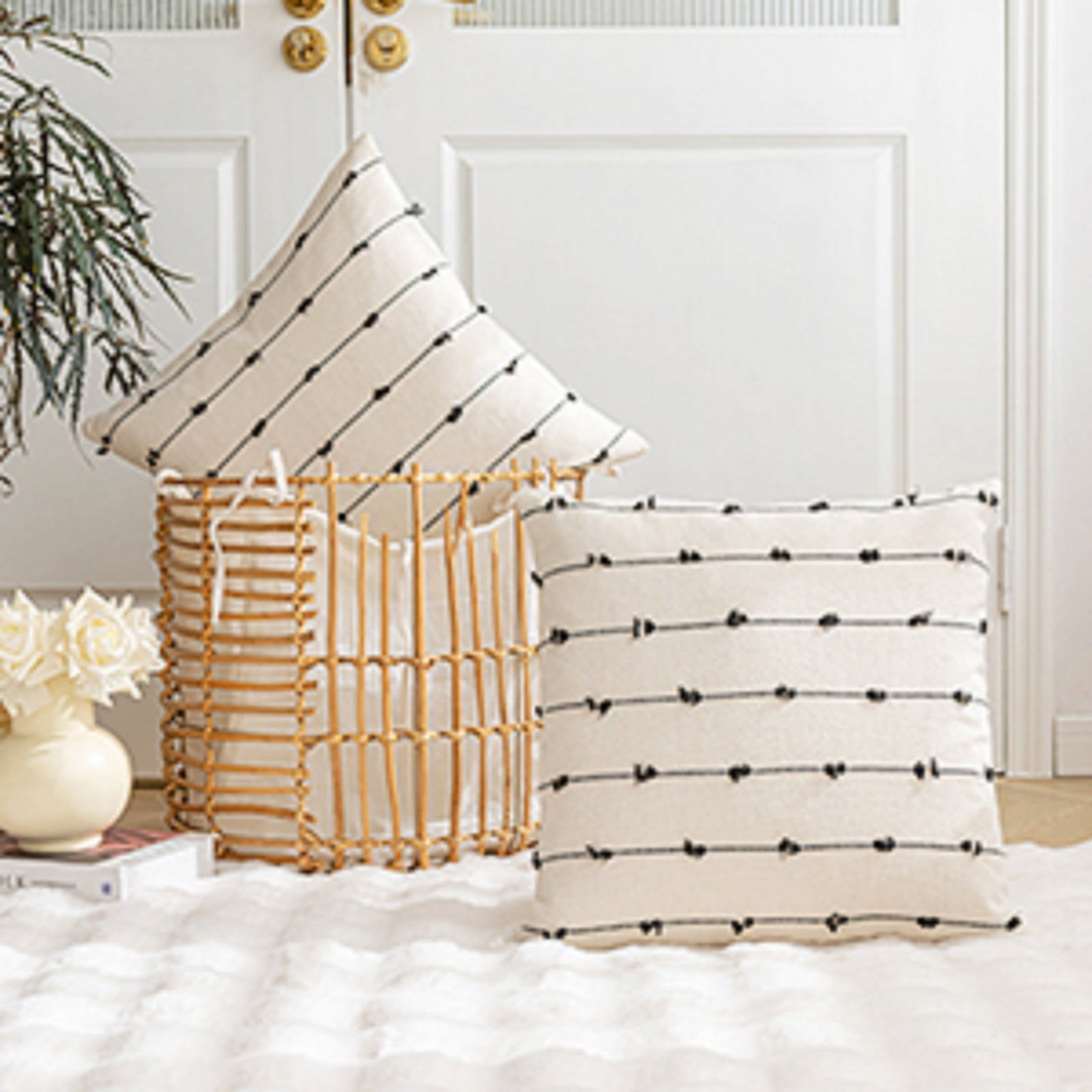 Skodaer Boho Throw Pillow Covers 20"x20" Set of 2 Modern Farmhouse Decorative Cushion Case Tufted Square Pillows Cover Neutral Pillow Cases Accent Pillowcase for Sofa, Couch, Bed,Black