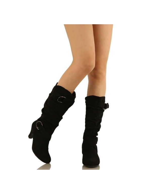 Weekly Women's Middle Heel Belt Buckle Round Suede Solid Color High Winter