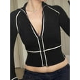 thumbnail image 4 of KelaJuan Women’s Zip Up Crop Tops Long Sleeve Mock Neck Contrast Stitch Slim Fit T-Shirts Blouses Streetwear, 4 of 5