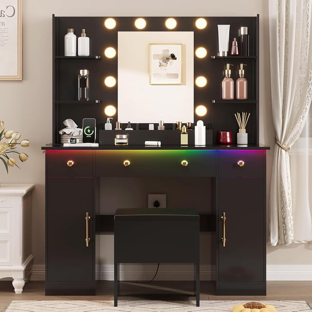 Vanity con Luces LED RGB Ajustable y Estación de Carga, Tocador con Taburete