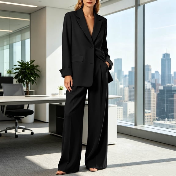 BRELIL Women Plus Size Two Piece Lounge Set Open Front Long Sleeve Blazer Wide Leg Pants Matching Solid Casual Elegant Tracksuit Travel Vacation Outfits, Black S