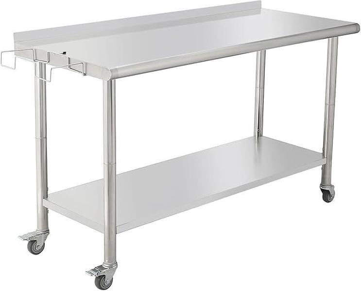 Stainless Steel Prep & Work Table with Caster Wheels, Heavy Duty Workbench with Removable Trash Rack & Backsplash